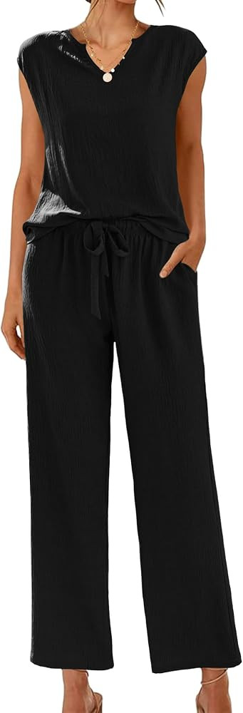 Ekouaer Women's 2 Piece Pajama Sets Sleeveless V Neck Silky Tank Top with High Waist Wide Leg Pan... | Amazon (US)