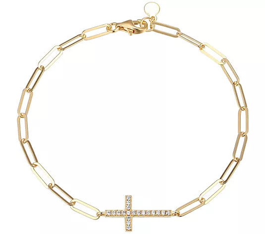 Diamonique Paperclip Link Cross Bracelet, 18K G old Clad | QVC