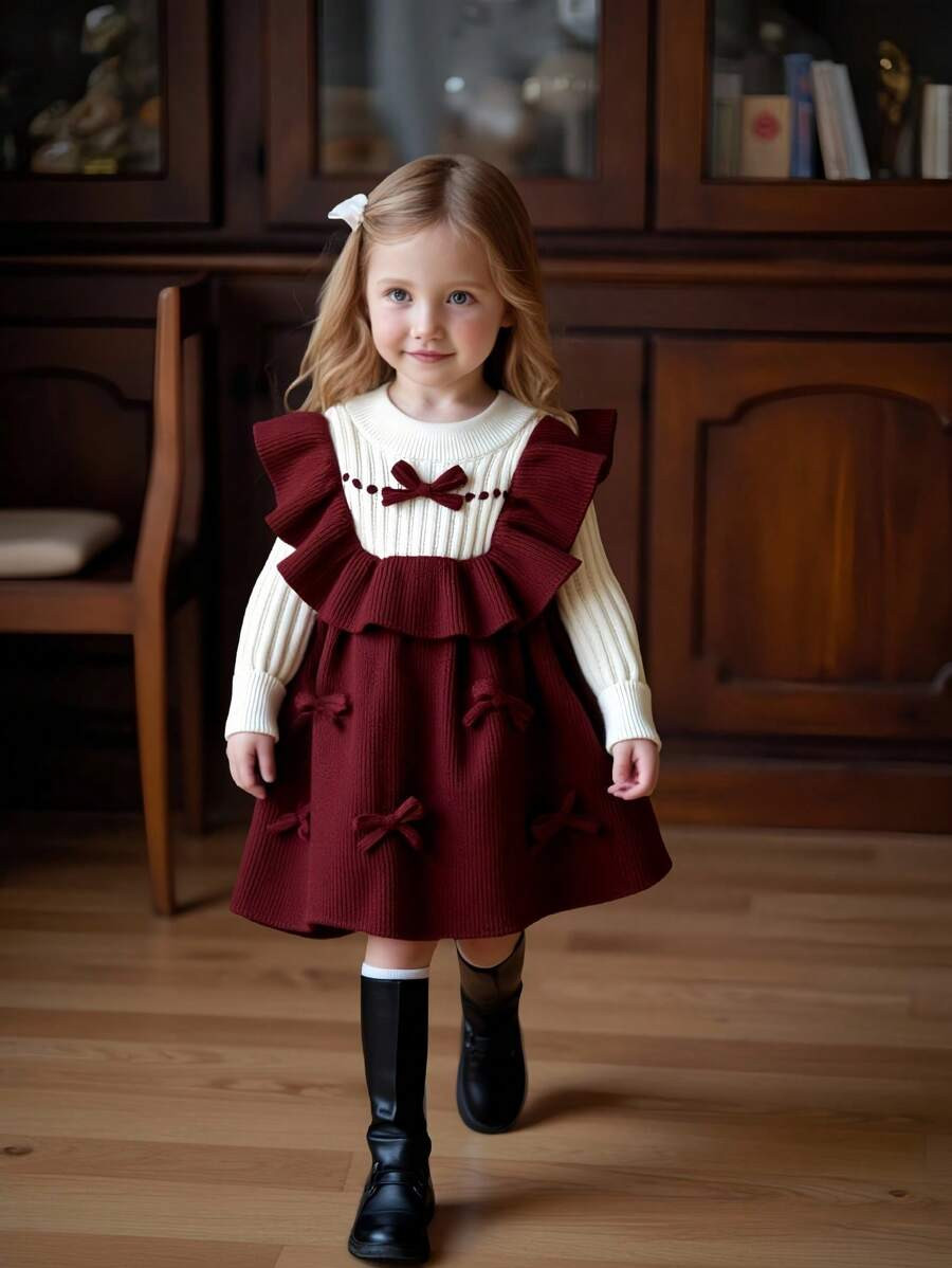 SHEIN Babygirl Contrast Color 3D Bow Decor Knitted Dress, Suitable For Autumn & Winter Baby Bow D... | SHEIN