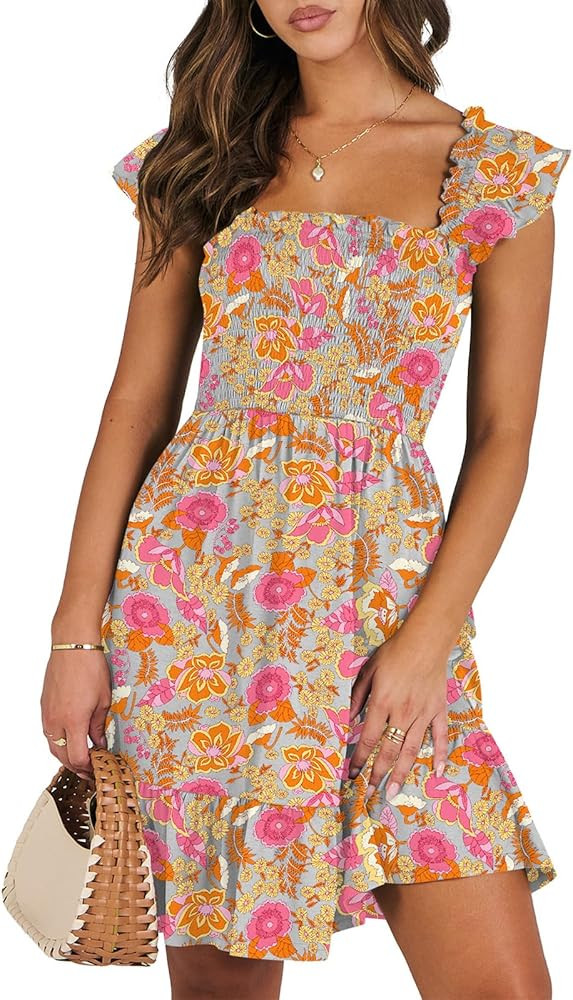 ANRABESS Womens Summer Casual Sleeveless Square Neck Smocked Ruffle Backless Boho Mini Dress 2024... | Amazon (US)