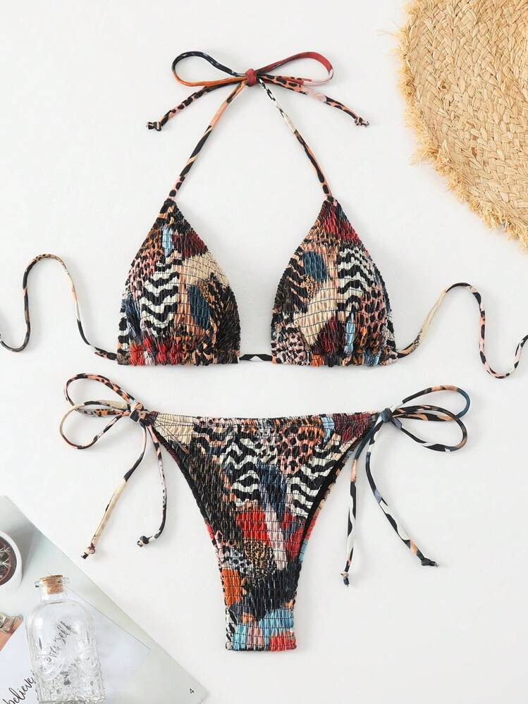 SHEIN Swim 2025 Women's Beach Vacation Zebra Print Halter Tie Sexy Bikini Set, Random Print Summer | SHEIN