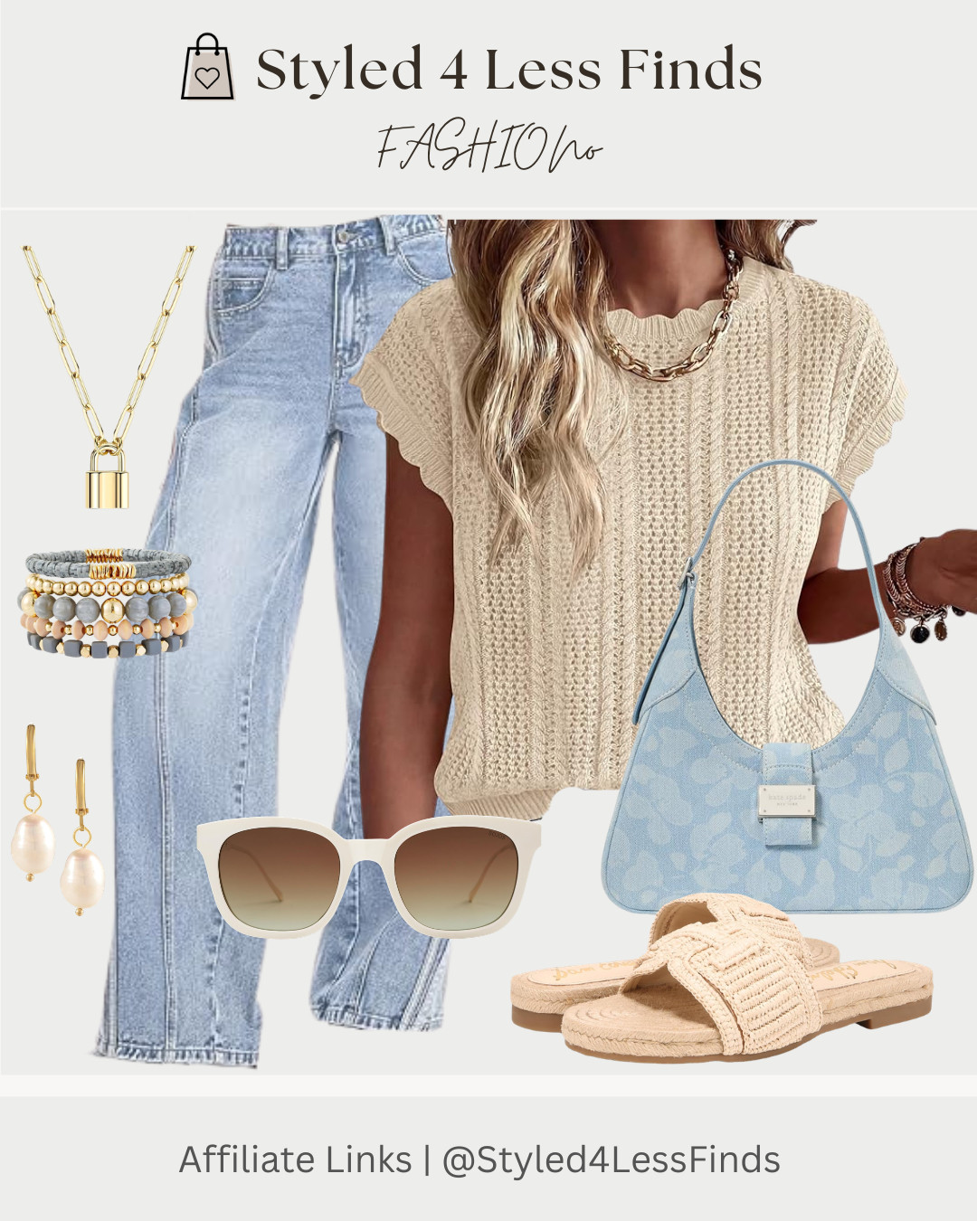 Soft neutrals + light-wash denim + a pop of powder blue = the effortless summer outfit you'll keep reaching for. ☀️🩵

This look pairs a textured knit sweater vest with relaxed straight-leg jeans, woven slides, and a statement blue shoulder bag for that polished-but-casual vibe. Finish it off with layered gold jewelry and oversized sunnies for an elevated everyday look.

Style Tip:
When wearing light-wash denim, add texture instead of more color. Mixing knits, woven accessories, pearls, and gold jewelry creates dimension while keeping the outfit looking clean, expensive, and put together. 

 #LTKcanada #LTKjeans #LTKover50style