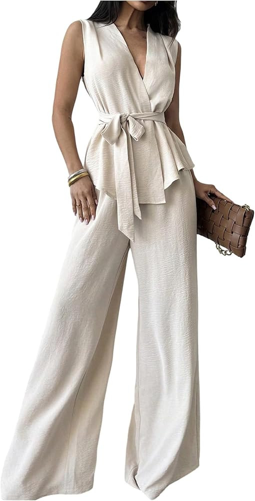 Verdusa Women's 2 Piece Old Money Clothes Tie Waist Wrap Vest with Dress Pants Clothing Sets | Amazon (US)