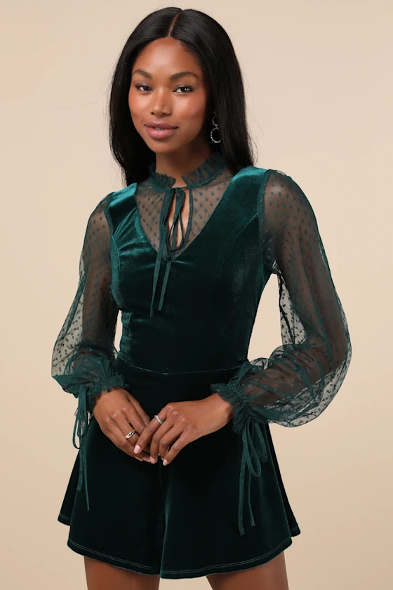 Completely Charismatic Emerald Velvet Mesh Swiss Dot Romper | Lulus