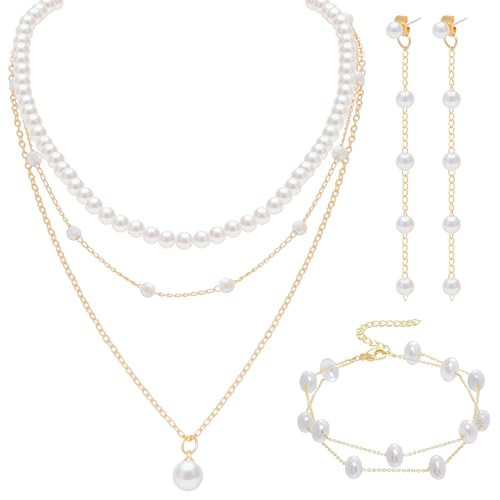 YKYUASD Gold Jewelry Set for Women Dainty Layered Pearl Gold Choker Necklace Pearl Drop Earrings Bracelets Wedding Jewelry Set for Mom Brides Graduation Gifts | Amazon (US)