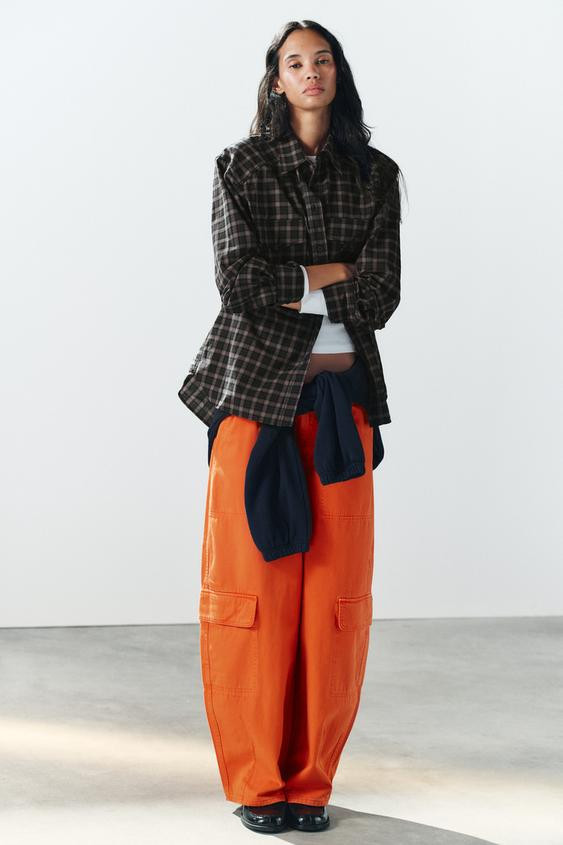 Zara - Oversize Checks Poplin Shirt - Black/Orange - Xs - Woman | Zara UK