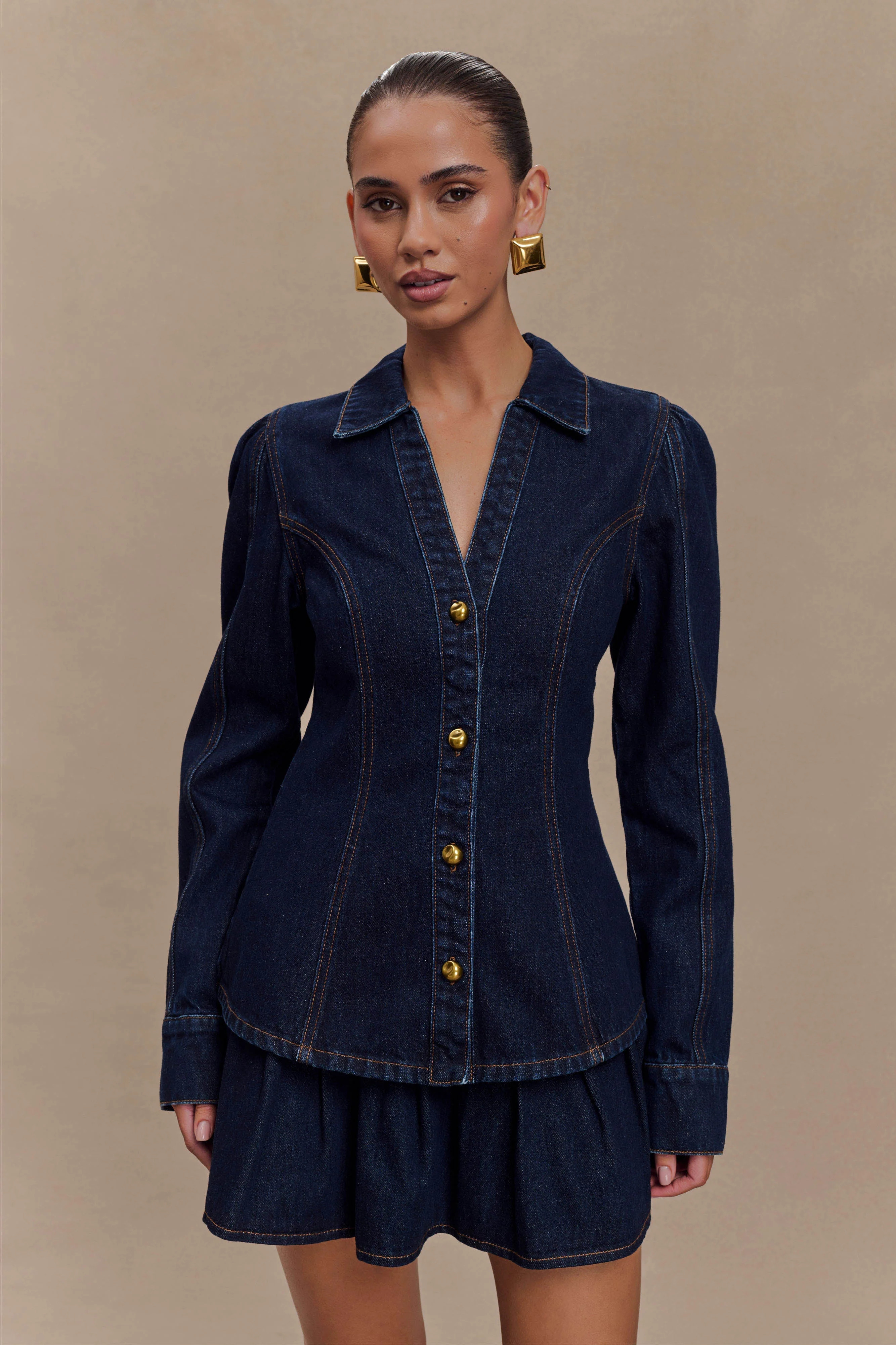 Hilary Long Sleeve Denim Top - Indigo Blue | Meshki UK