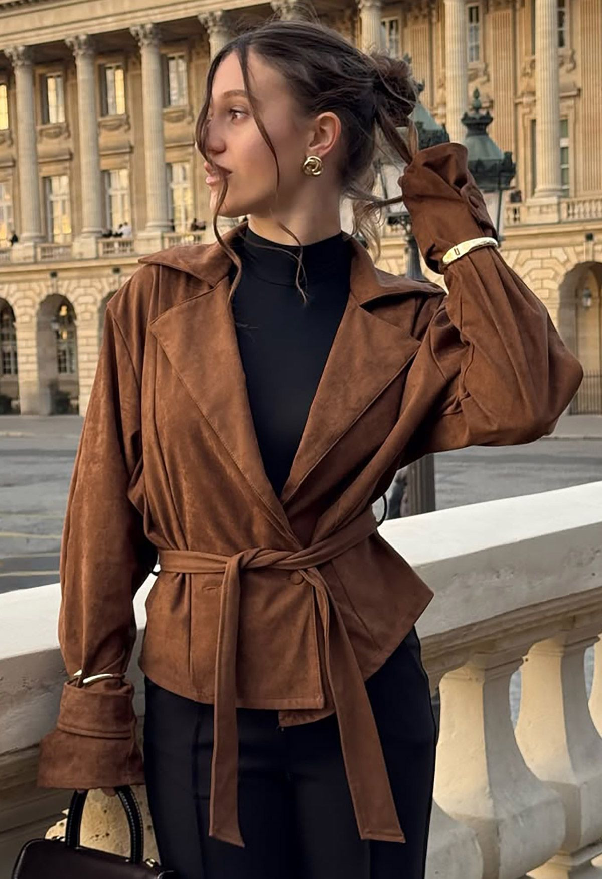 Structured Notch Lapel Belt Faux Suede Jacket | Chicwish
