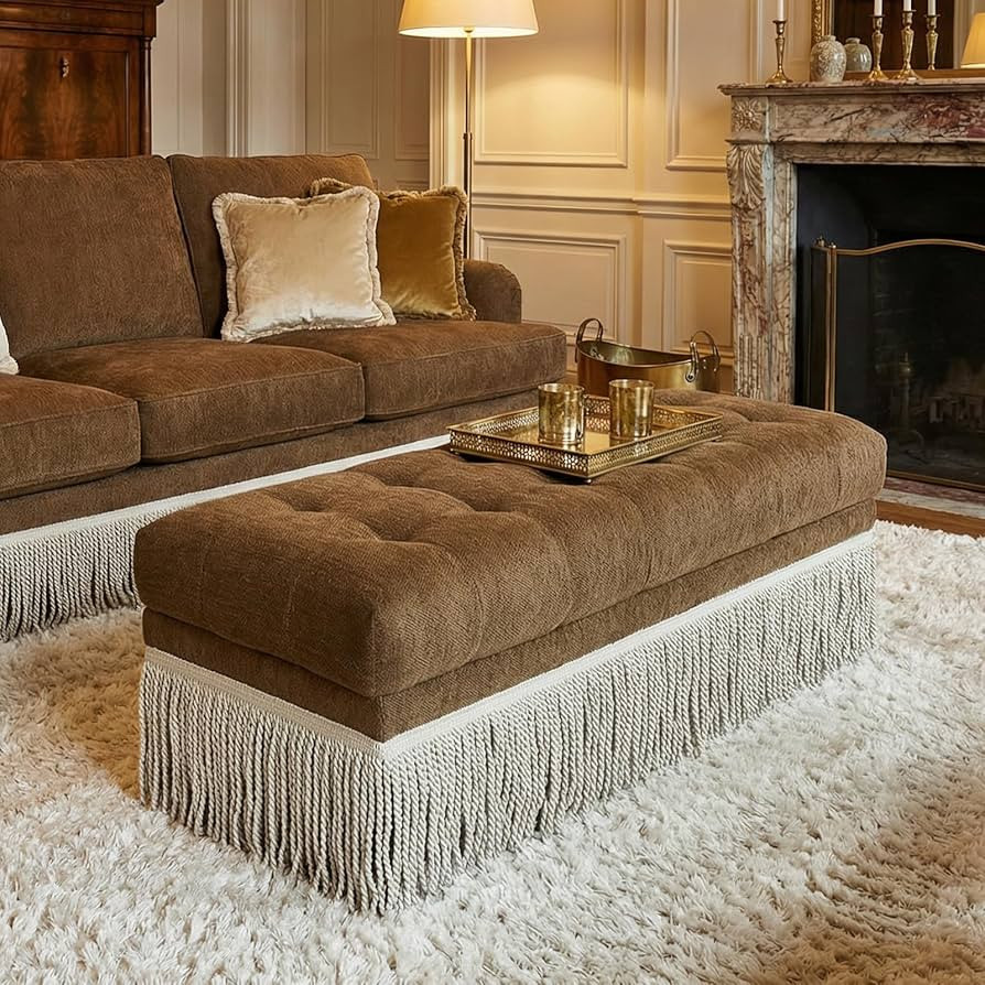 47" Brown Chenille Upholstered Bench for Bedroom End of Bed, Mid-Century Fringe Ottoman Coffee Ta... | Amazon (US)