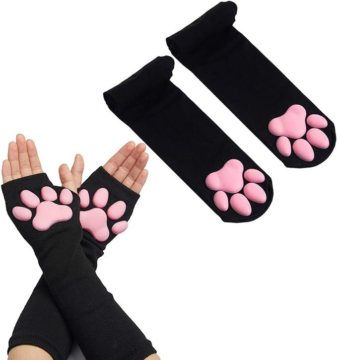 Cat Paw Thigh High Socks Golves, Girls Women Cosplay Soft 3D Kitten Paw Pad Toe Beans Mittens Sto... | Amazon (US)