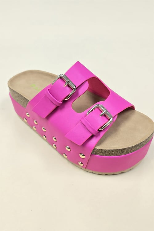 Metallic Platform Double Strap Buckle Sandals with Cork Sole-Hot Pink Fuchsia | Fashion Junkee