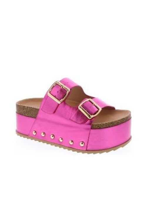 Metallic Platform Double Strap Buckle Sandals with Cork Sole-Hot Pink Fuchsia | Fashion Junkee