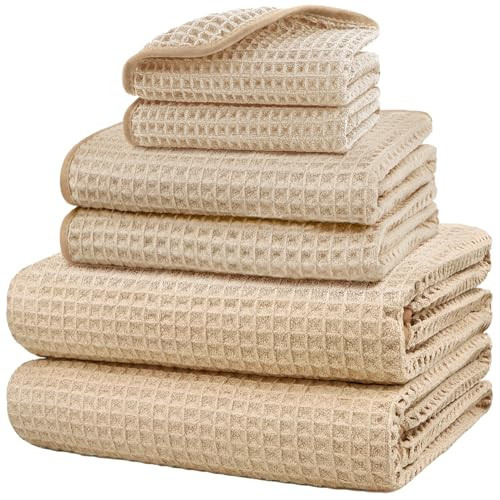 HOMEXCEL 6 Piece Premium Towels Set, 2 Bath Towels, 2 Hand Towels, and 2 Wash Cloths, Soft, Highly Absorbent and Quick Dry Microfiber Waffle Towel for Bathroom, Gym, Shower, Hotel, and Spa, Beige | Amazon (US)