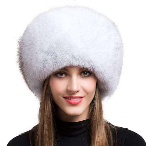 Women Real Fox Fur Hat Winter Thick Warm Luxury Pelt Furry Hats Fluffy Cap Fashion Natural with Tail Pompom (US, Numeric, 5 7/8, Blue Fox) | Amazon (US)