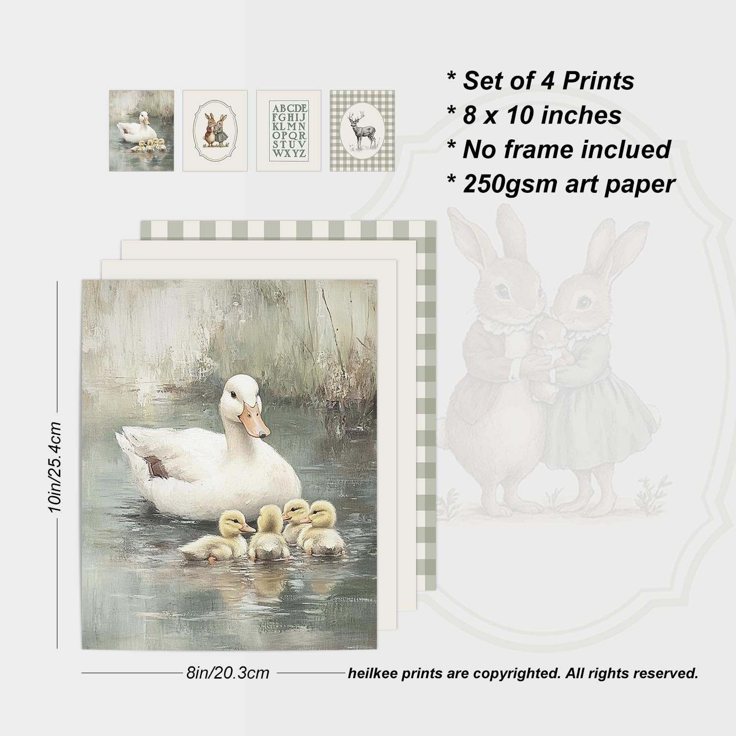 heilkee Vintage Nursery Wall Art Sage Green Duck Prints Farmhouse Room Decor Bunny Pictures Kids ... | Amazon (CA)