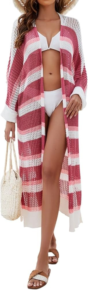 Womens Sexy Striped Cardigan Open Front Oversized Kimono Slouchy Summer Knitted Hollow-Out Cover ... | Amazon (US)