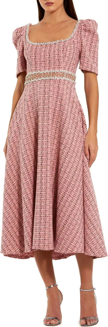 Puff Sleeve Boucle Midi Dress With Beaded Belt | Nordstrom