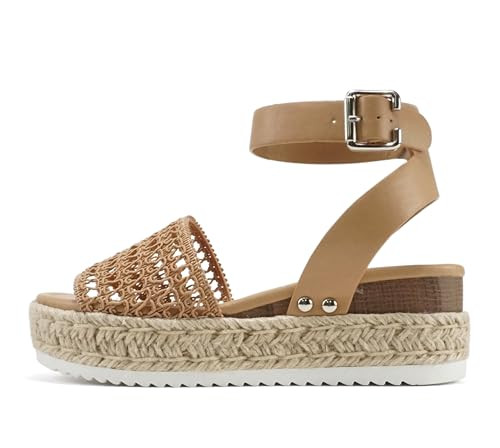 Soda Topic Open Toe Buckle Ankle Strap Espadrilles Flatform Wedge Casual Sandal | Amazon (US)