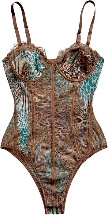 GORGLITTER Women's Sexy Leopard Bodysuit Sheer Lace Eyelash Cheetah Corset Top Party Night Club S... | Amazon (US)