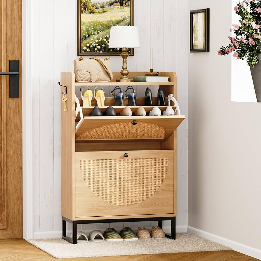 Shoe Cabinet with 2 Flip Drawers, Natural Rattan Freestanding Shoe Cabinet Storage for Entryway, ... | Amazon (US)