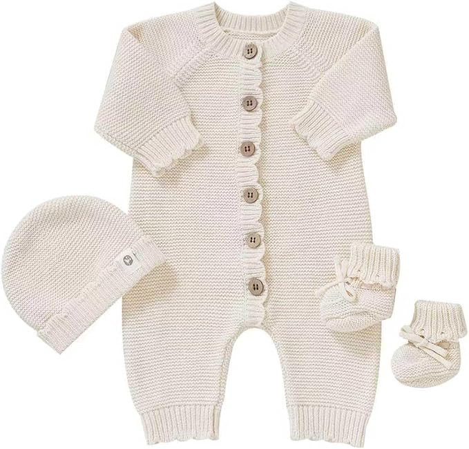 Organic Cotton Baby Sweater Knit Romper Hat Booties 3 Piece | Amazon (US)
