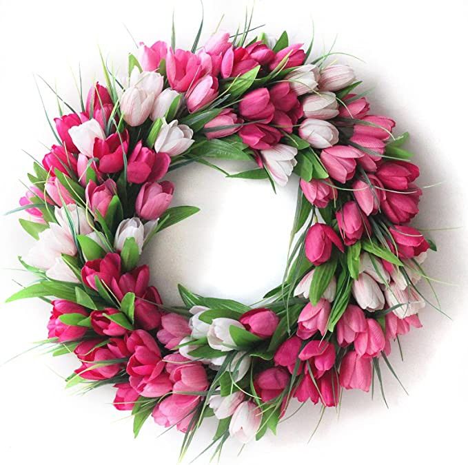 SISJULY 20inch Artificial Tulips Flower Wreath Front Door Wreaths Simulation Garland for Wedding ... | Amazon (US)
