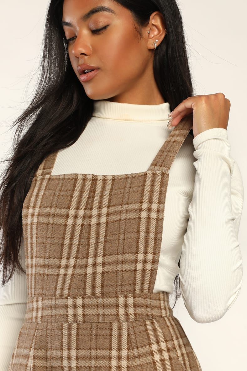 Plaid to Be Yours Beige and Brown Plaid Pinafore Mini Dress | Lulus