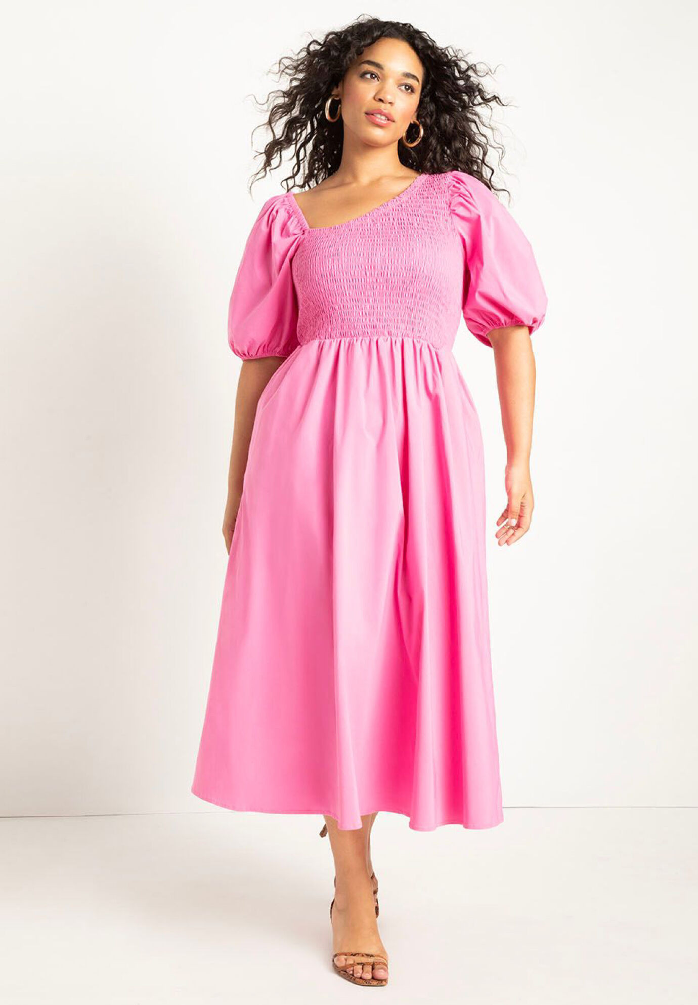 Smocked Bodice Asym Neck Dress | Eloquii
