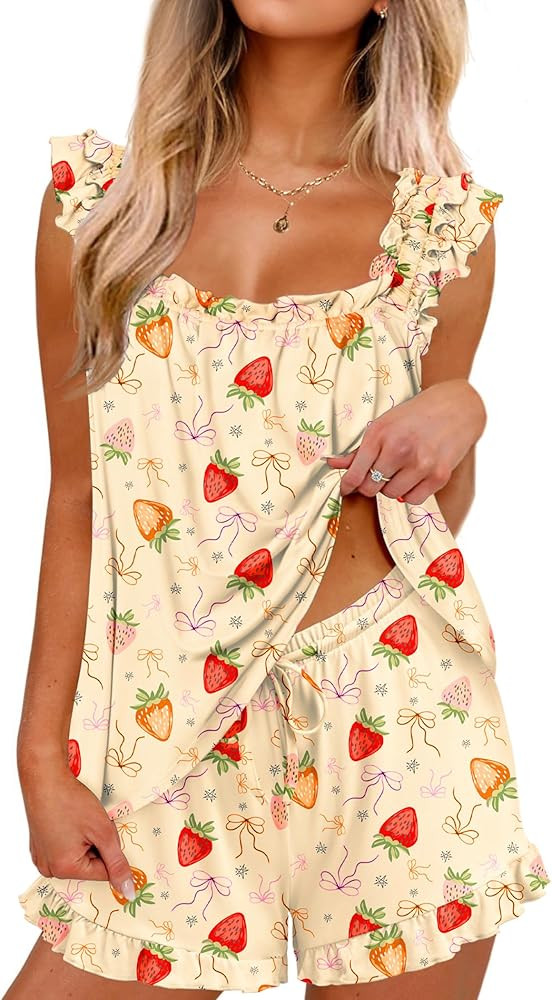 Ekouaer Pajama for Women Set 2 Piece Ruffle Pjs Soft Tank Top and Shorts Sleepwear Set Bridal Paj... | Amazon (US)