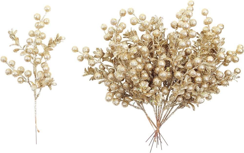 Alonsoo Champagne Gold Christmas Picks Decorations Floral Sprays Glittered Twigs for Xmas Tree Or... | Amazon (US)