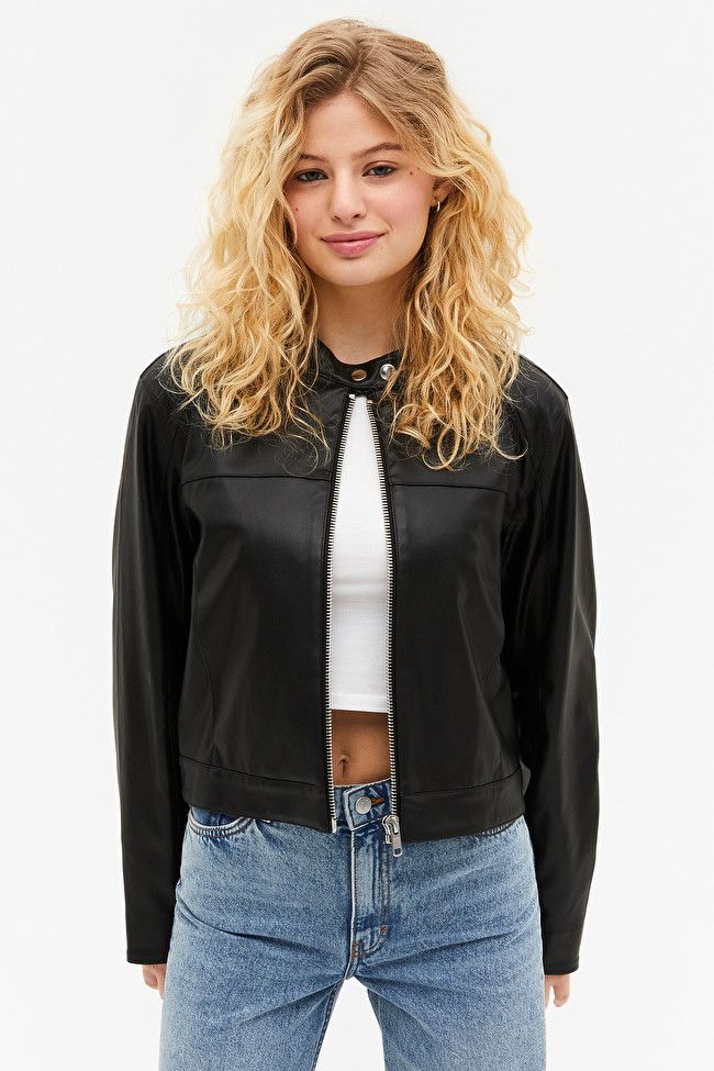 Black faux leather jacket with round collar | Monki
