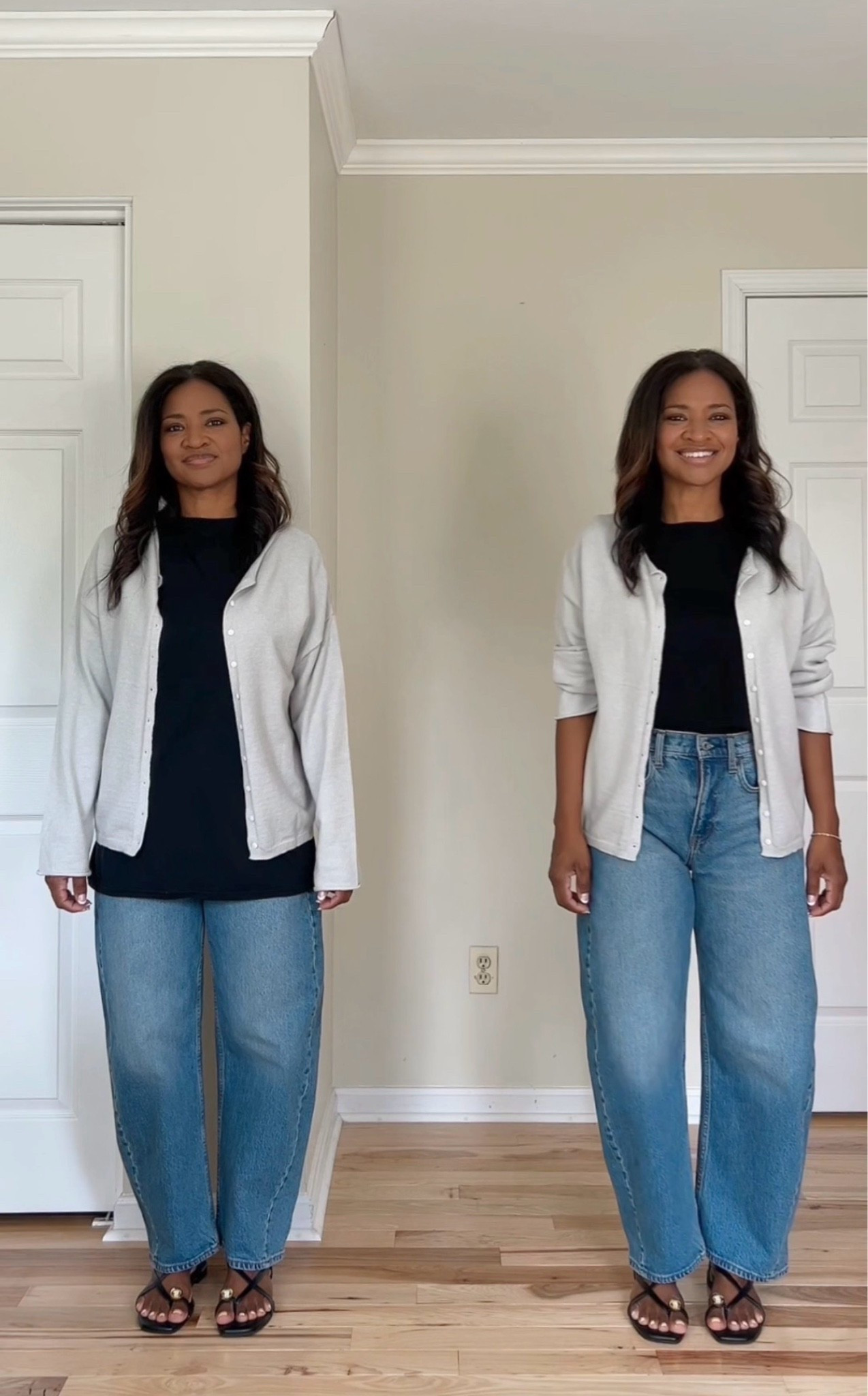Wearing a small in black t shirt (from Aritzia) and my cardigan is a size medium. My barrel jeans are from Abercrombie and a size 27 regular.

#LTKgrwm #LTKootd #LTKOver40