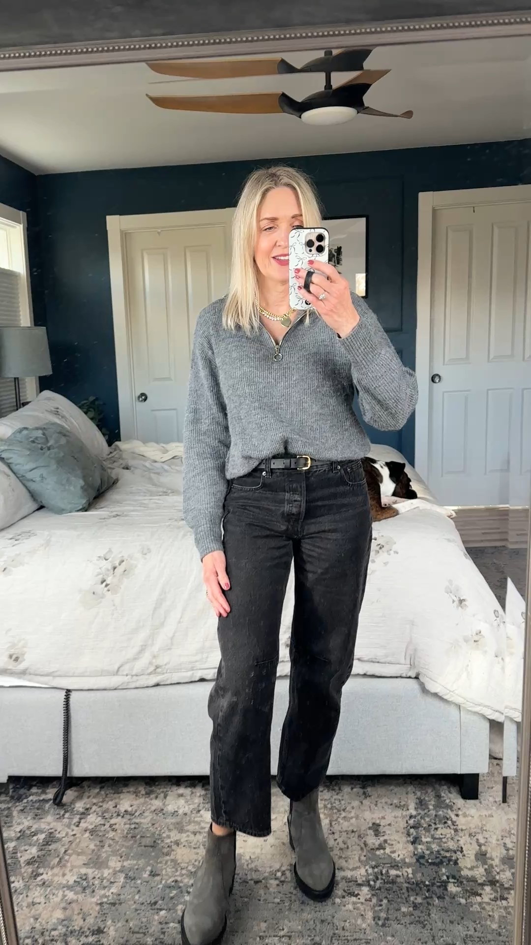 Cozy sweater with black barrel jeans.

Madewell denim size down. Quince sweater size small. Melinda Maria gold chain necklaces. Cecelia New York suede booties. Fall outfit idea, style over 40, cold weather outfit, barrel jeans outfit.

#LTKOver40 #LTKSeasonal #LTKFindsUnder100