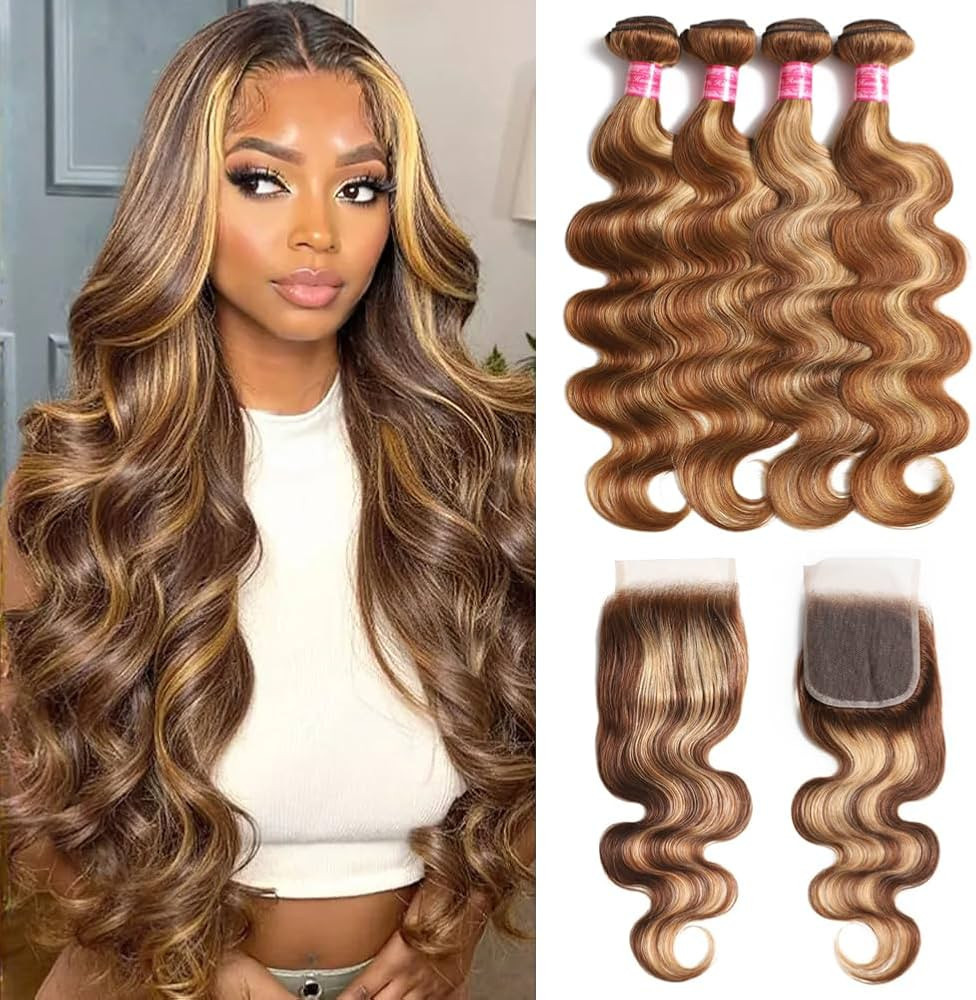 Beautymoon Ombre Body Wave Bundles with Closure（18 20 22 24+16 Inch) 100% Unprocessed Highlight... | Amazon (US)