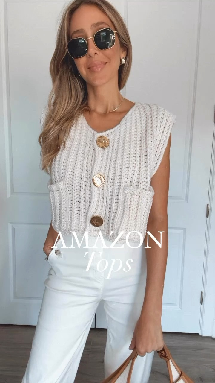 Elegant and beautiful Amazon tops that I love! Knit vest with gorgeous golden buttons . All tops run tts, wearing a size small 
My stats - 
Clothes: Size Small/2 - Jeans 27
Footwear: Size 9 
Height: 5'9" tall
Weight: 127 lbs

#LTKSeasonal #LTKOver40 #LTKStyleTip