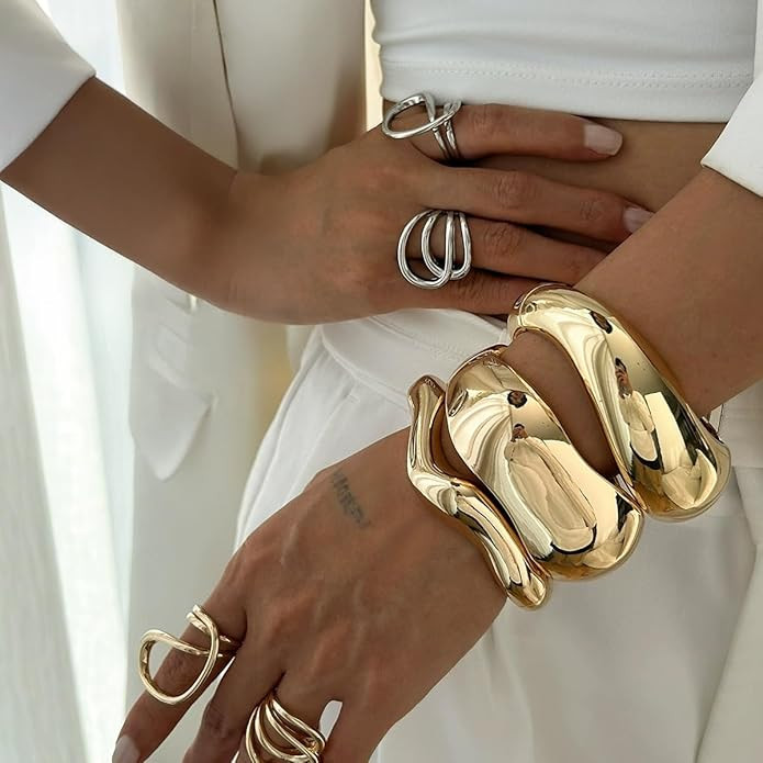 ALEXTINA Chunky Gold Bracelets Set for Women 18K Gold Plated High Shine Bracelets Minimalist Open... | Amazon (US)