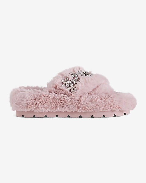 Faux Fur Rhinestone Crossover Slippers | Express