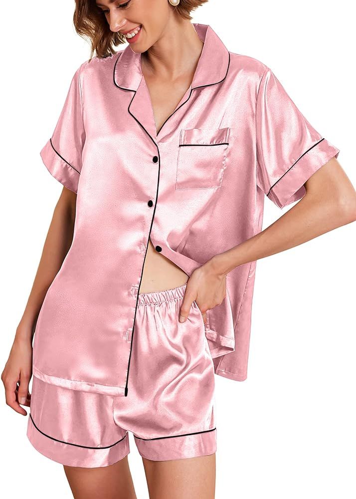 Ekouaer Silk Pajamas Womens Short Sleeve Sleepwear Soft Satin Button Down Loungewear 2 Piece Pjs ... | Amazon (US)