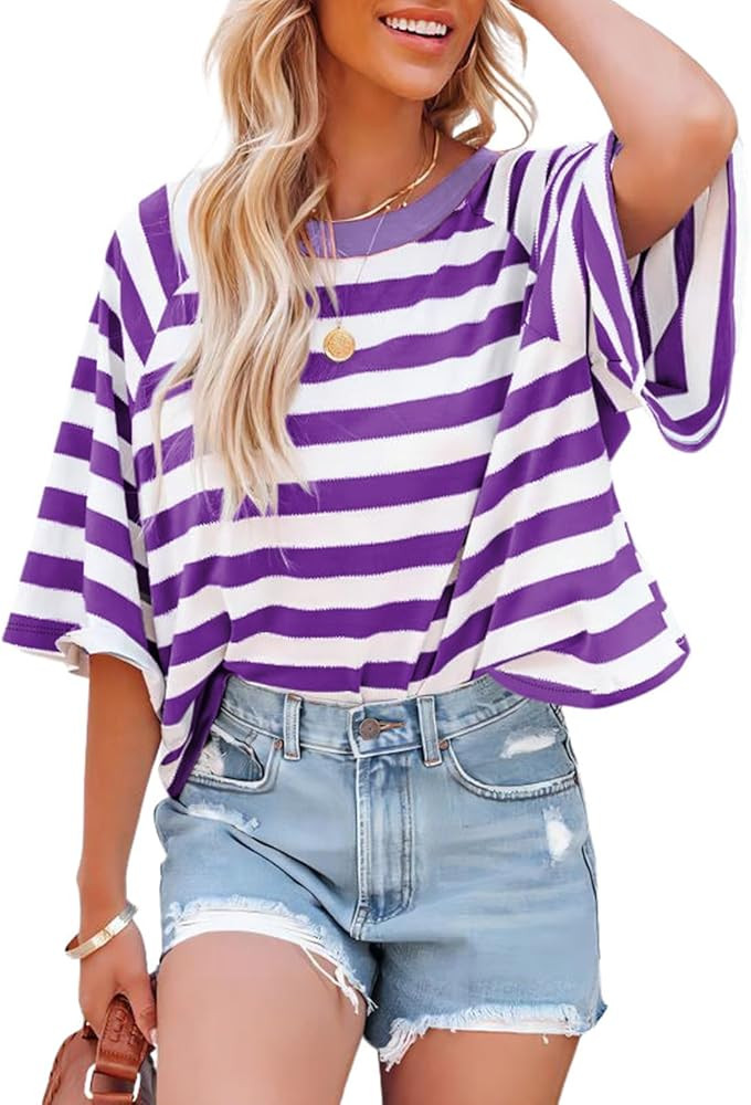 Dokotoo Tops for Women Striped 2026 Fashion T Shirts for Women Color Block Crewneck Design Loose ... | Amazon (US)