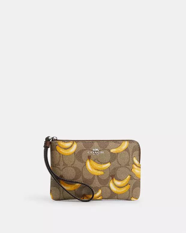Corner Zip Wristlet In Signature Canvas With Banana Print | Coach Outlet