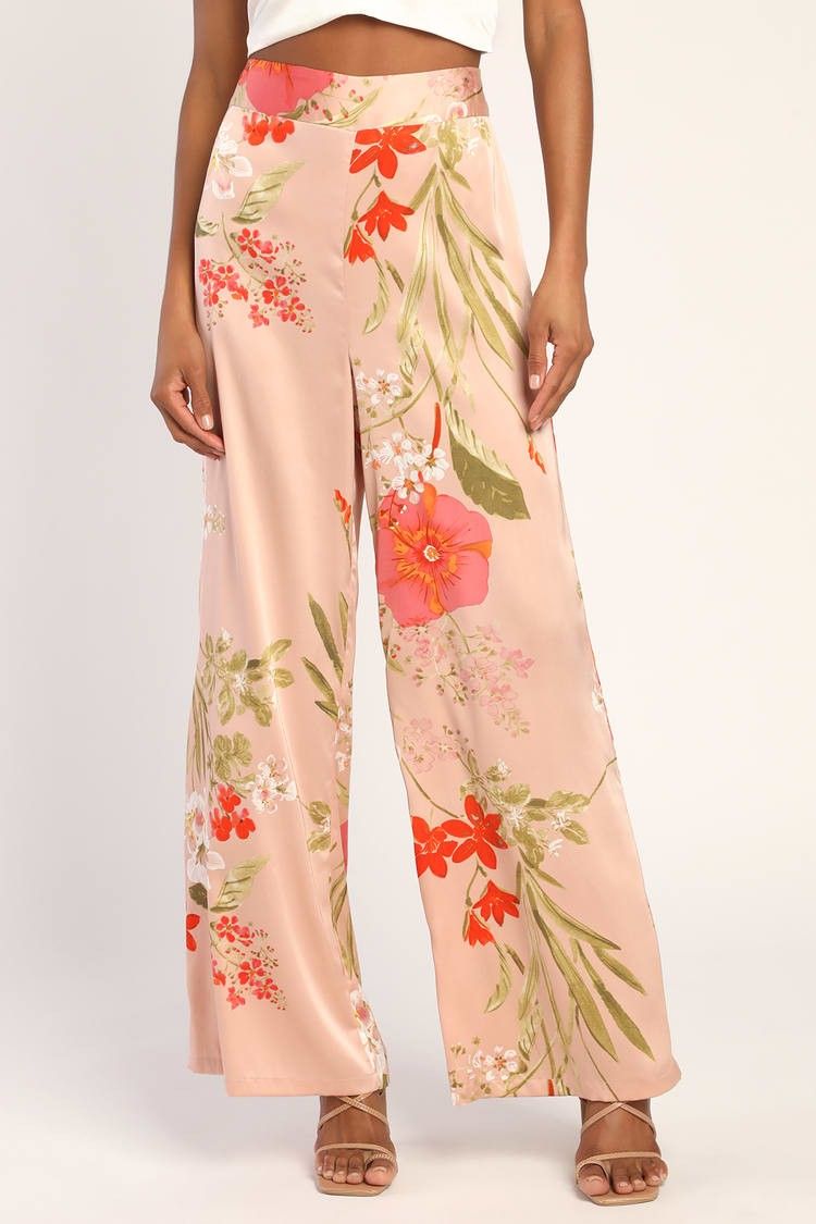 Thriving Vibes Light Pink Floral Print Satin Wide-Leg Pants - Vacation Outfit | Lulus (US)