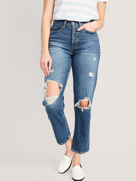 Curvy Extra High-Waisted Straight Button-Fly Ripped Jeans for Women | Old Navy (US)