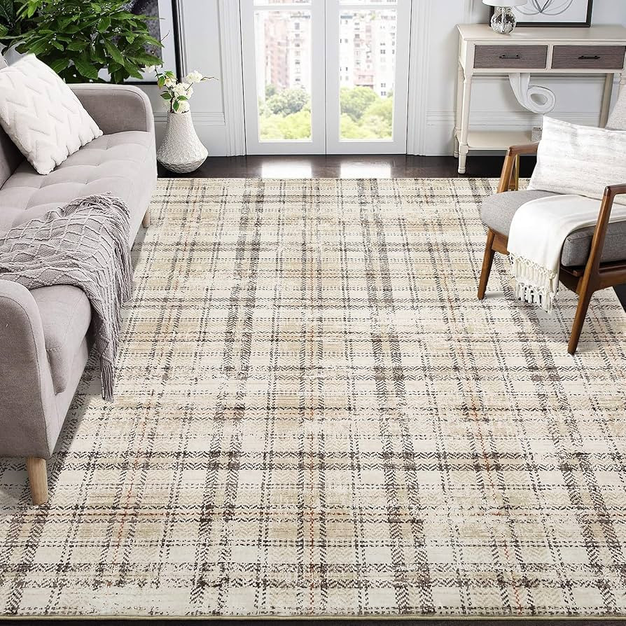 Modern Washable Rug 8x10 Rug for Living Room Soft Rug Farmhouse Tartan Plaid Area Rug Non Sheddin... | Amazon (US)