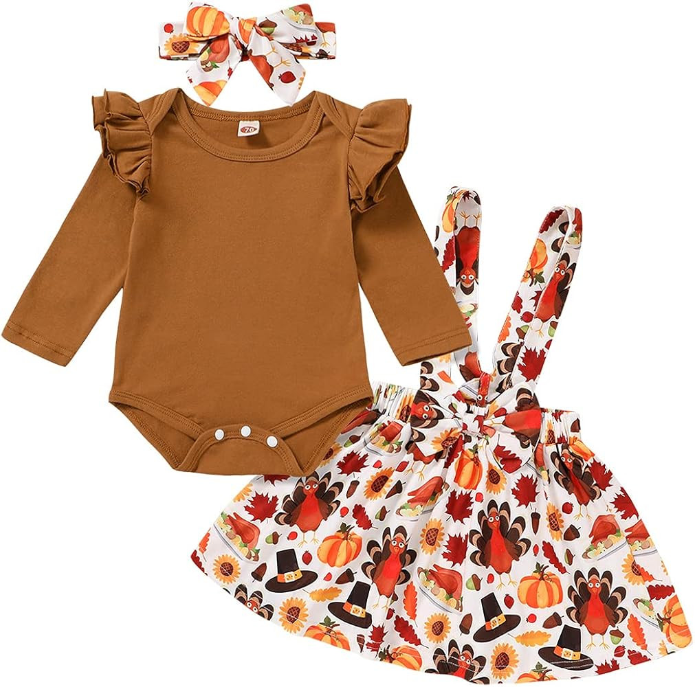 Infant Baby Girls Thanksgiving Outfit Long Sleeve Romper + Pumpkin Maple Leaf Strap Dress + Headb... | Amazon (US)