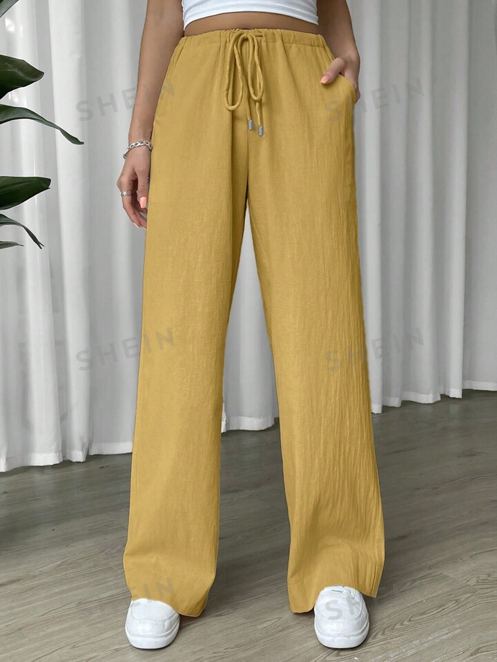 SHEIN EZwear Linen Drawstring Waist Slant Pocket Wide Leg Pants | SHEIN