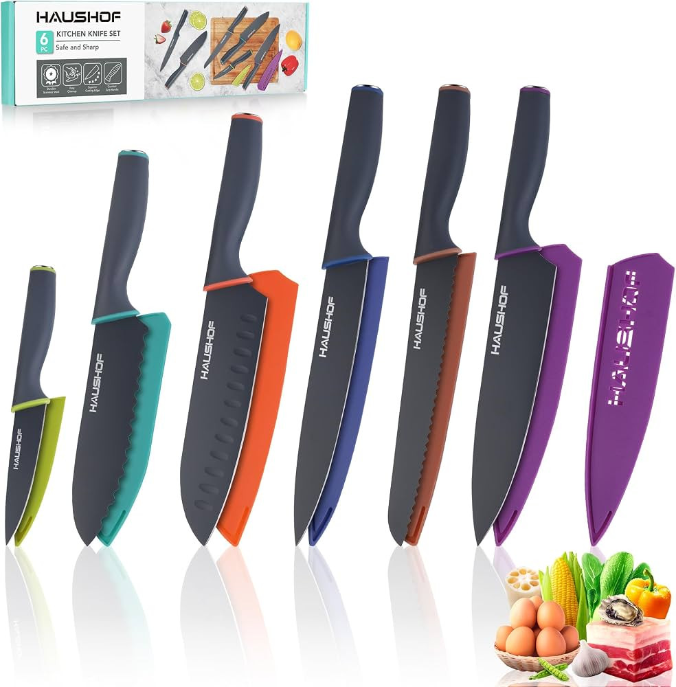 HAUSHOF Kitchen Knife Set, 12-Piece Knives Set with 6 colorful Sheaths, Non-Stick Coated Stainles... | Amazon (US)