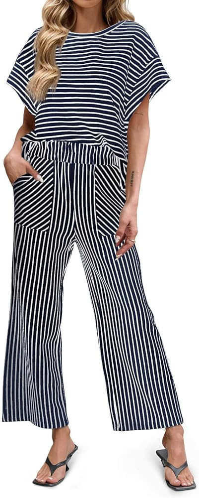 Tankaneo Womens Striped 2 Piece Sets Short Sleeve T Shirts Wide Leg Pants Matching Lounge Set wit... | Amazon (US)