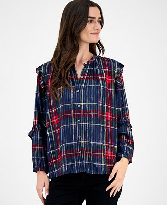 Women's Plaid Shine Ruffle Sleeve Blouse, Macy's Exclusive | Macy's