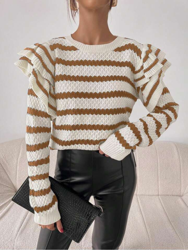 SHEIN Privé Striped Pattern Ruffle Trim Sweater | SHEIN