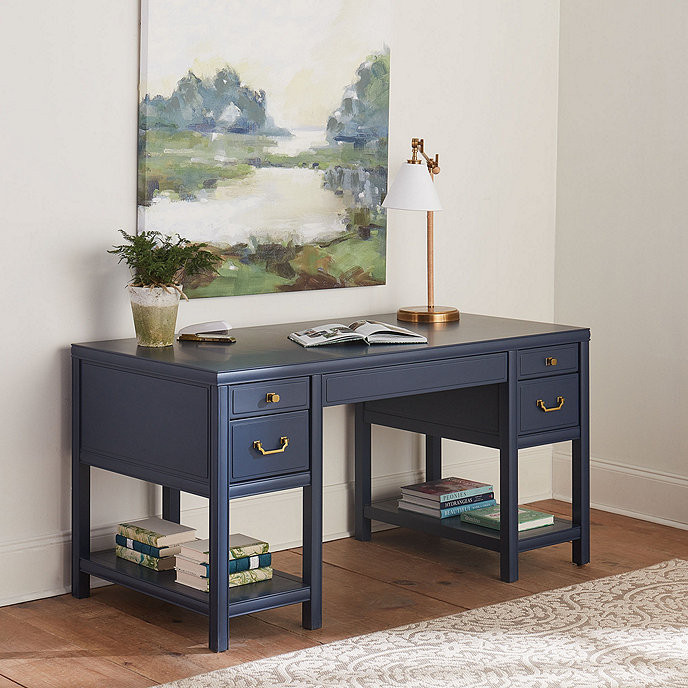 Aman Modern Kneehole Writing Table Desk with Drawers Navy Blue | Ballard Designs, Inc.